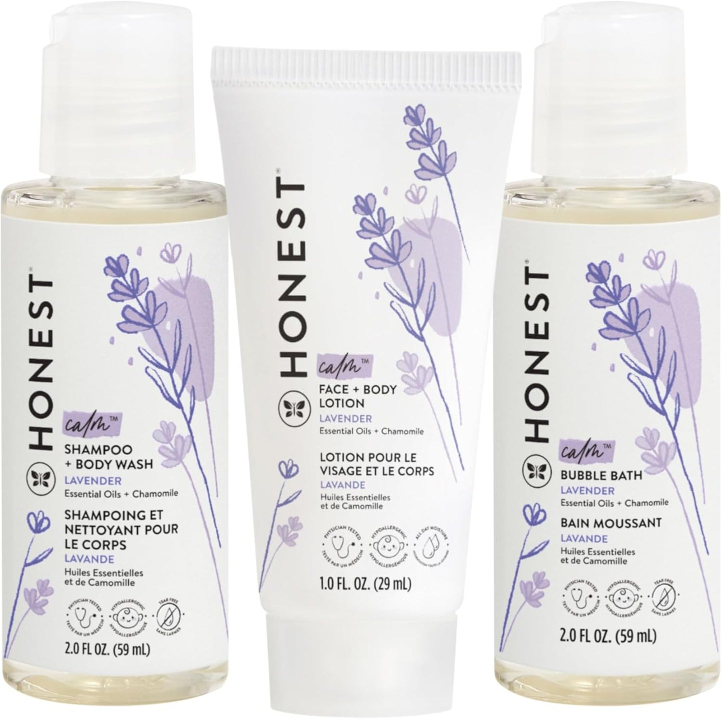 The Honest Company Babe's Mini Must Haves Gift Set | Travel Size Hypoallergenic Lavender Bathtime Essentials | Shampoo + Body Wash (2 fl oz), Face + Body Lotion (1 fl oz), Bubble Bath (2 fl oz)