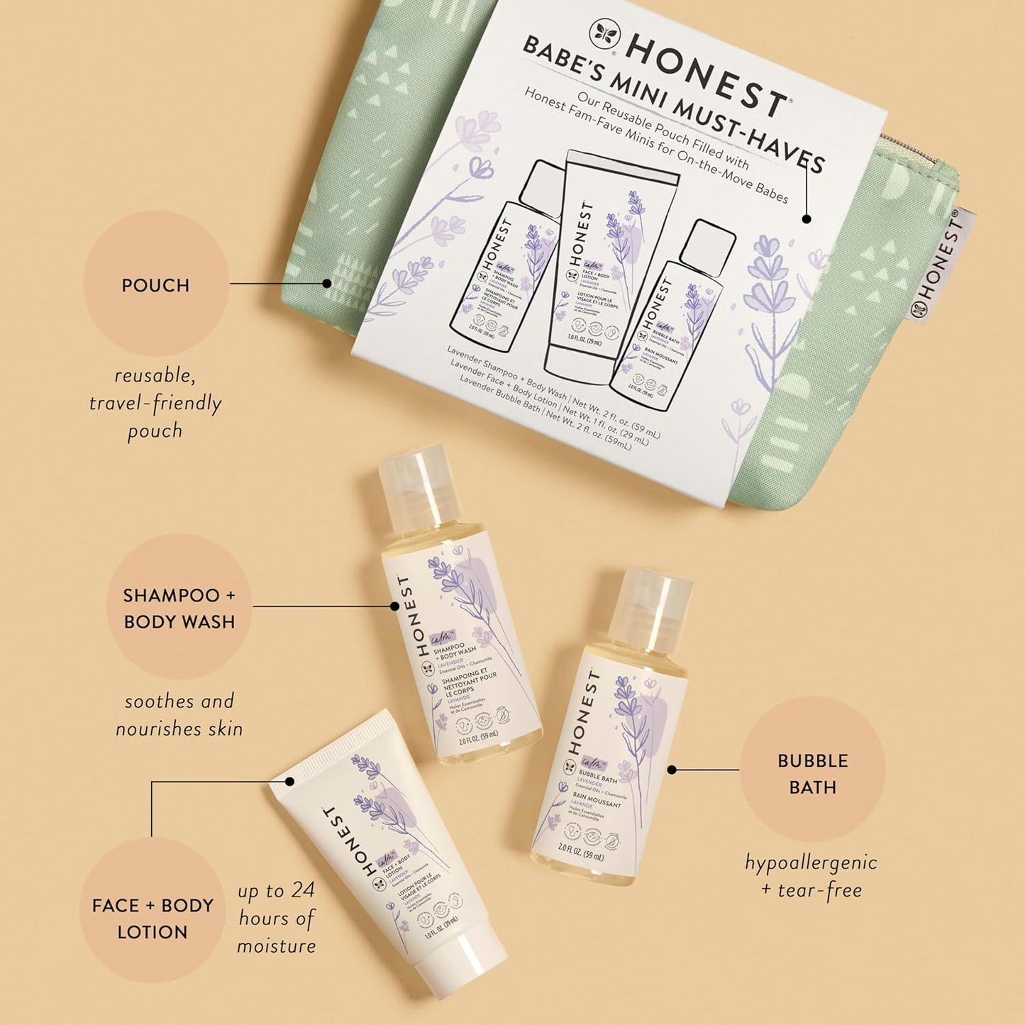 The Honest Company Babe's Mini Must Haves Gift Set | Travel Size Hypoallergenic Lavender Bathtime Essentials | Shampoo + Body Wash (2 fl oz), Face + Body Lotion (1 fl oz), Bubble Bath (2 fl oz)